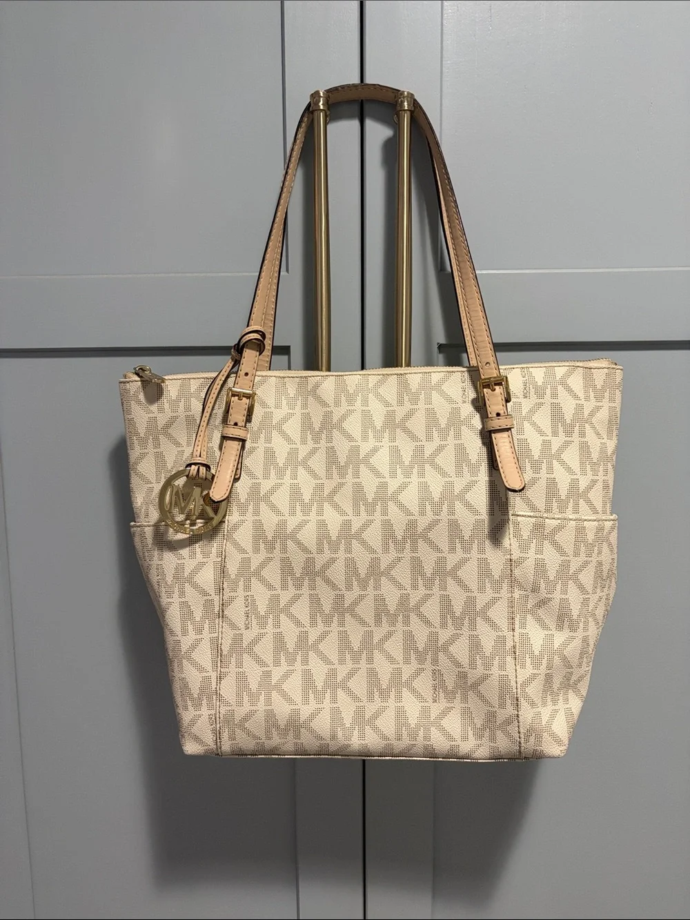 Michael Kors Beige Cream Signature MK Tote with Tan Straps